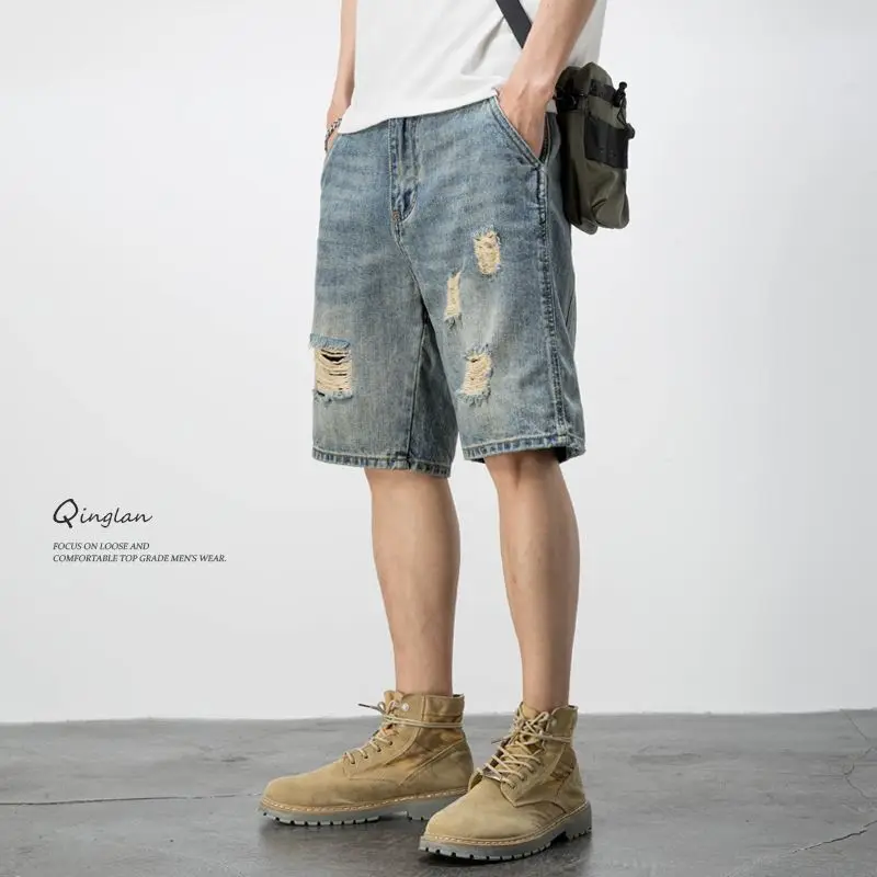 2024 Men Summer Fashion American Style Casual Vintage Hole Cowboy Loose Make Old Trend All-match Affordable Young Style Shorts