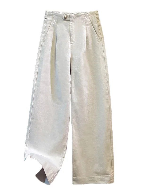 Casual Taille Baumwolle Breite Bein Hosen Gerade Cut Elastische Taille Herbst Marke frauen Faion Hohe Taille Taste Fly Damen hosen...