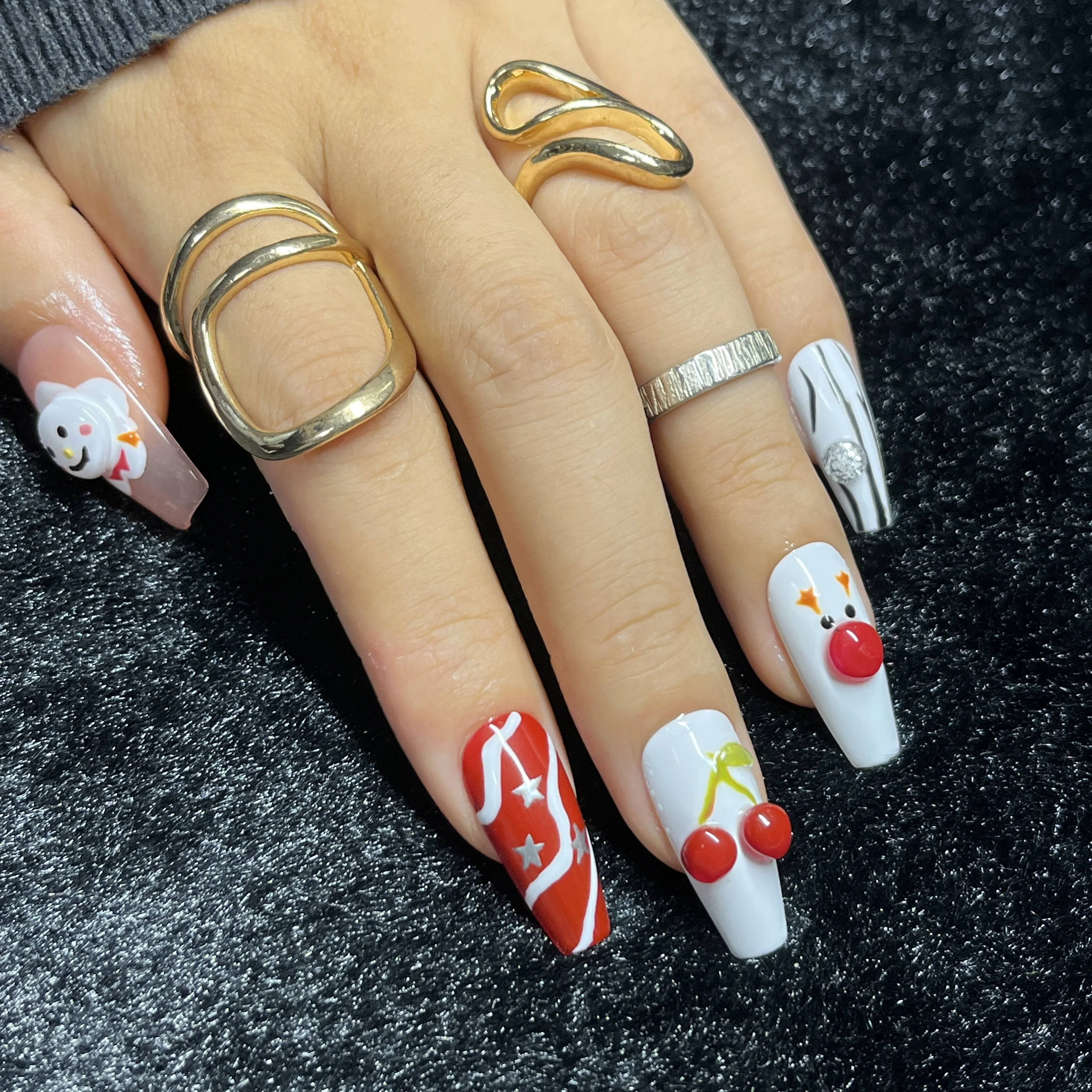 

10 шт., снеговик, вишня, накладные ногти, длинный гроб, красный, белый, рождественский праздник, дизайн, милые праздничные накладные ногти ручной работы для женщин