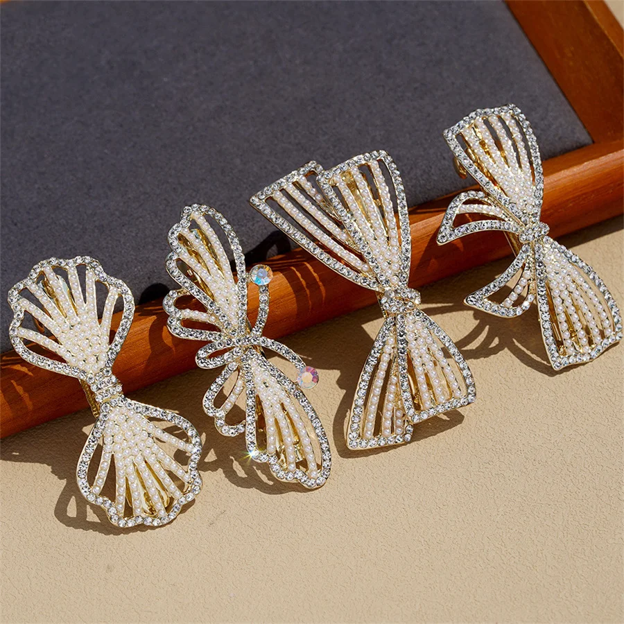 New Elegant Crystal Bow Hairpin Spring Clip Headwear Korean Women Fashion Temperament Pearl Small Jewelry Hair Accessories