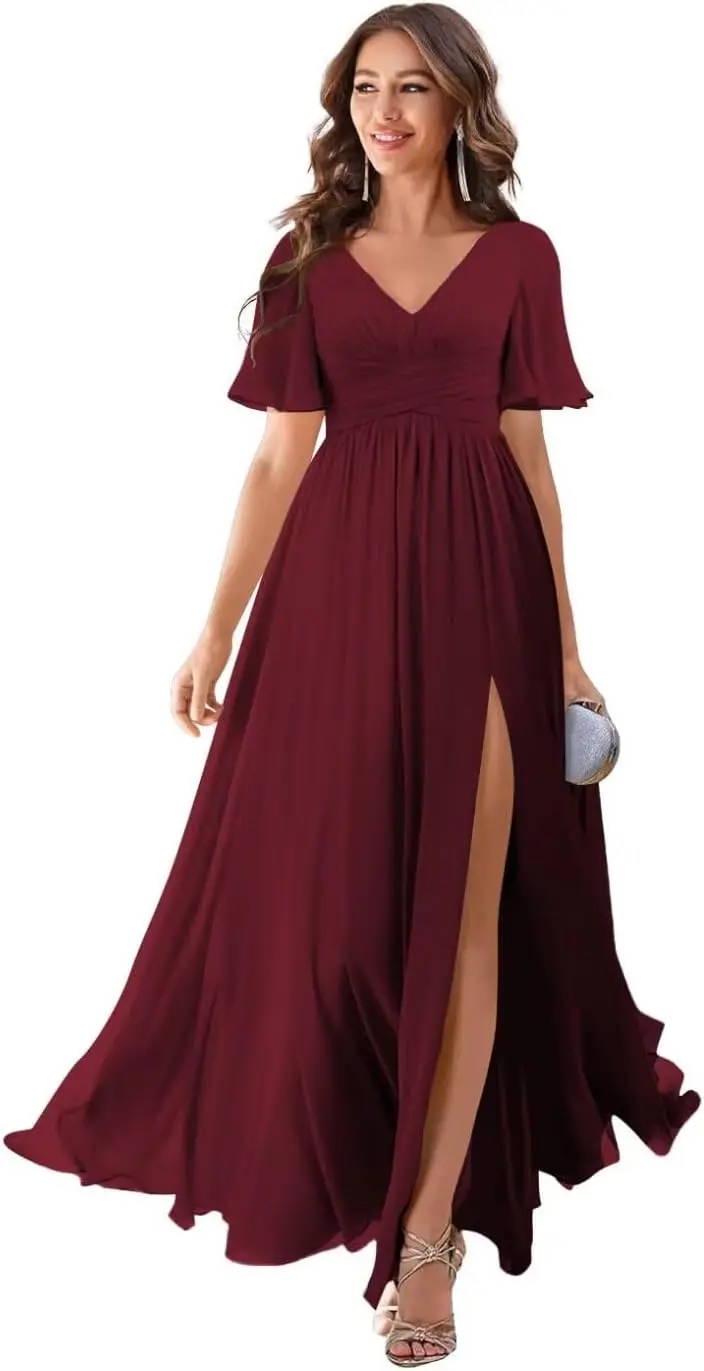 

Women's V Neck Flutter Sleeve Bridesmaid Dresses for Wedding Chiffon Formal Evening Gowns Long with Slit Party Prom Dresses