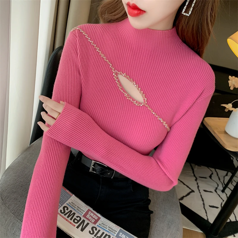 2023 New Korean Fashion Sexy Nail Diamond Knitted Sweater Autumn Winter Women Hollow out Pullover Tops