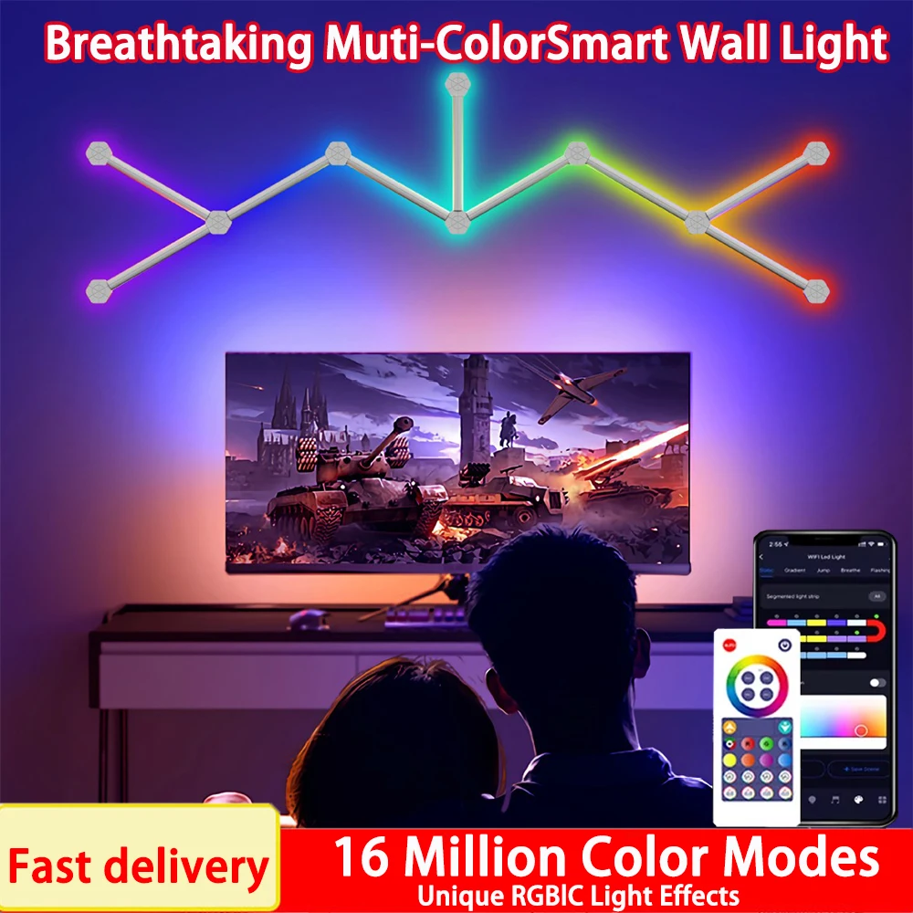 

2025 Новый светодиодный умный Wi-Fi настенный светильник DIY Атмосфера Ночные лампы RGBIC Lights Bar APP Музыка Ритм Подсветка телевизора Спальня Игровая комната
