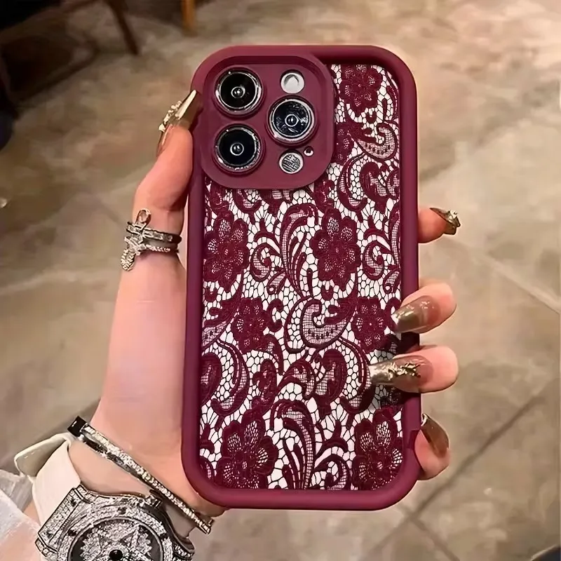 Fotografia 4: Capa de Celular Antichoque de TPU com Estampa de Renda Vermelha Moderna para iPhone 15 Pro, 17, 16, 14, 13, 12, 11 Pro Max, XS, XR, 7, 8 Plus, SE2, 16E, 17 Air