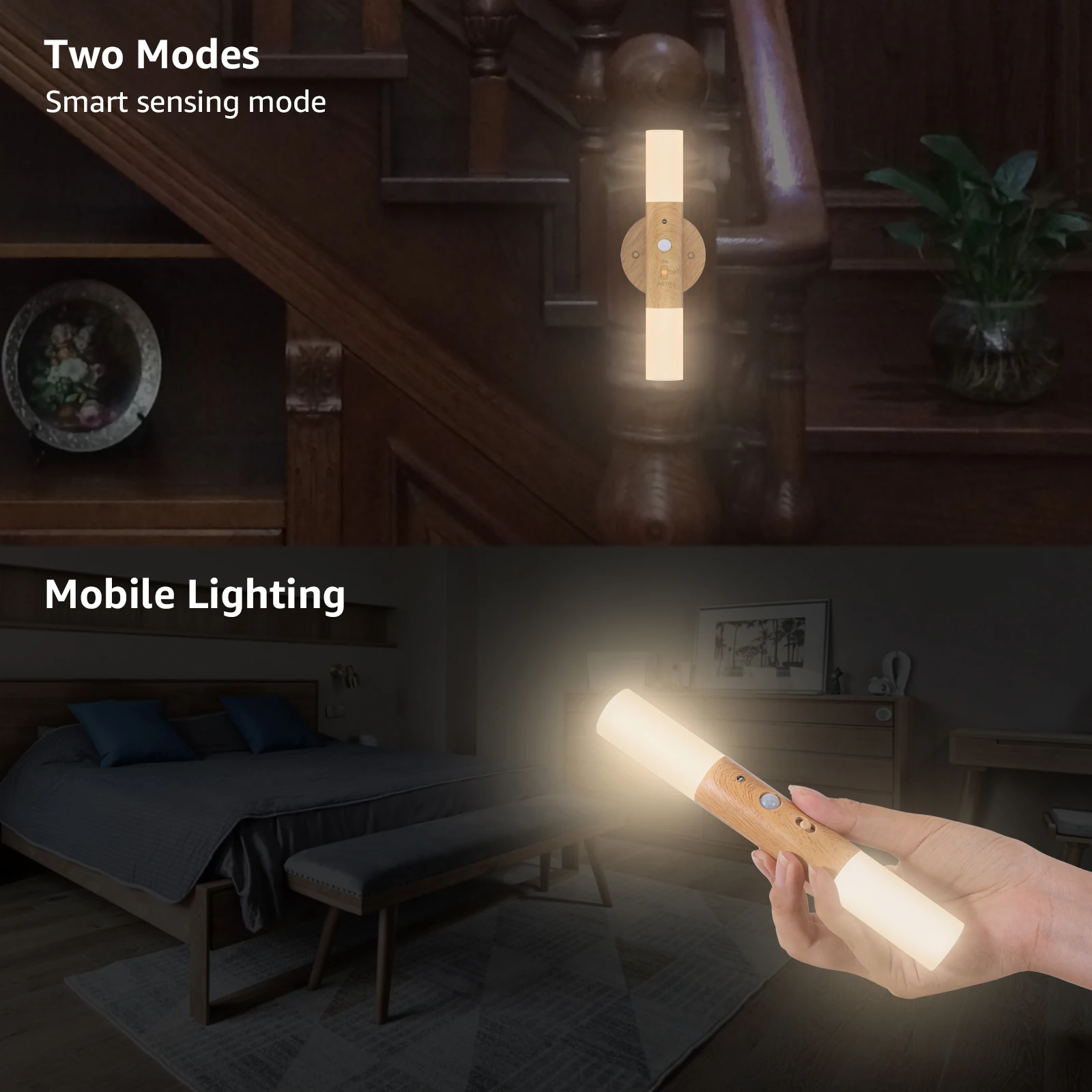 2 Packs Motion Sensor Induction Night Light Indoor, USB Rechargeable Wooden 700mah LED Wall Lamp for Bedroom Hallway Staircase