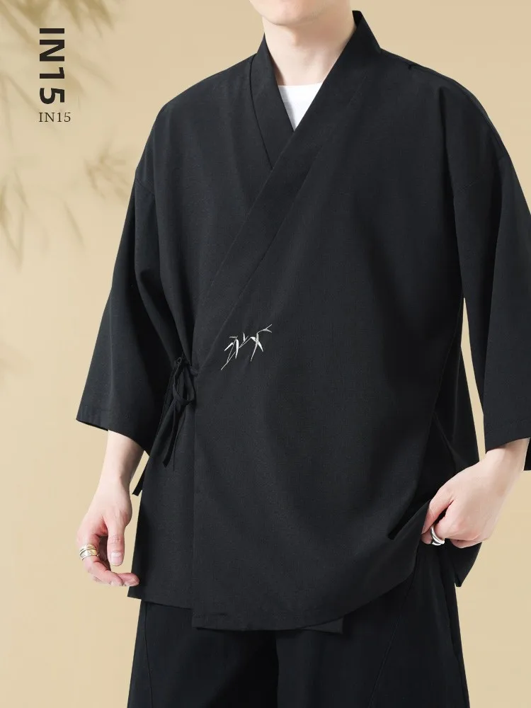 夏用アイスシルク竹刺繍メンズ漢服上着半袖カジュアルスタイル古代中国僧侶服