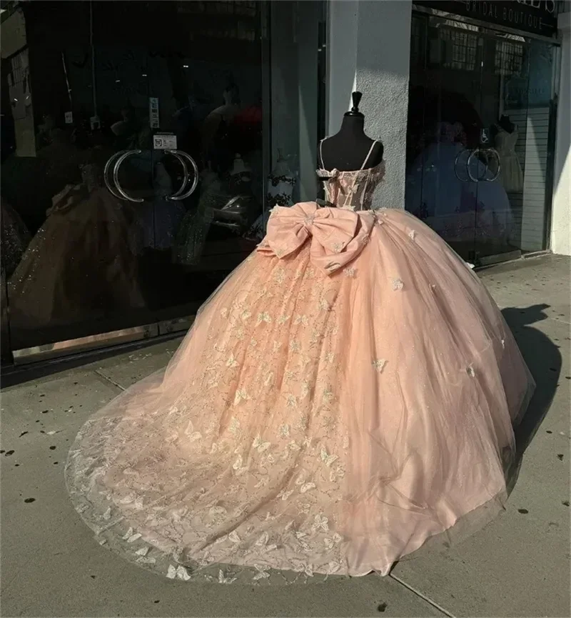 Pink Princess Quinceanera Dresses 2024 With Bow 3D Butterfly Appliques Beads Mexican Girls Birthday Party For 15th Girls HOT