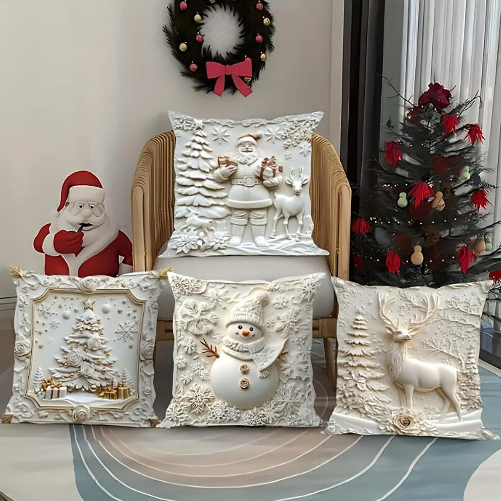 Christmas Theme Pillow Cover White Print With Christmas Style Pattern Holiday Decor For Winter Home Warm Decorations