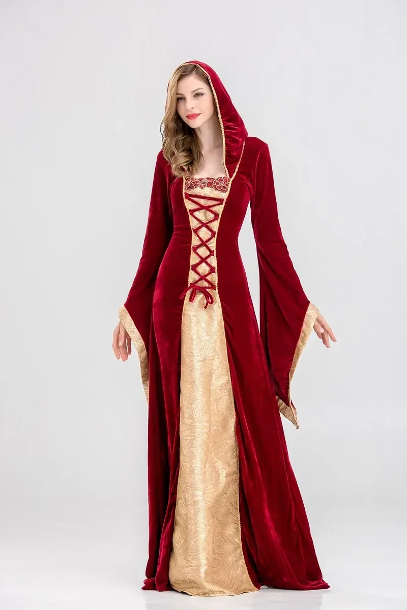 Woman's Renaissance Victorian Medieval Gothic Long Dresses Halloween Cosplay Princess Queen Velvet Medieval Robe Hooded Gown