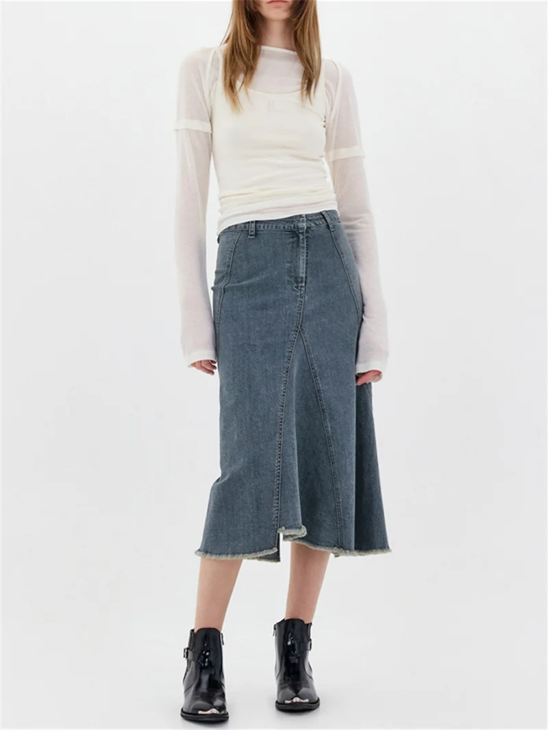 

Ladies High Waist Back Split Midi Skirts 2024 New Women's Irregular Splicing Denim Fishtail Skirt Spring and Summer Versatile