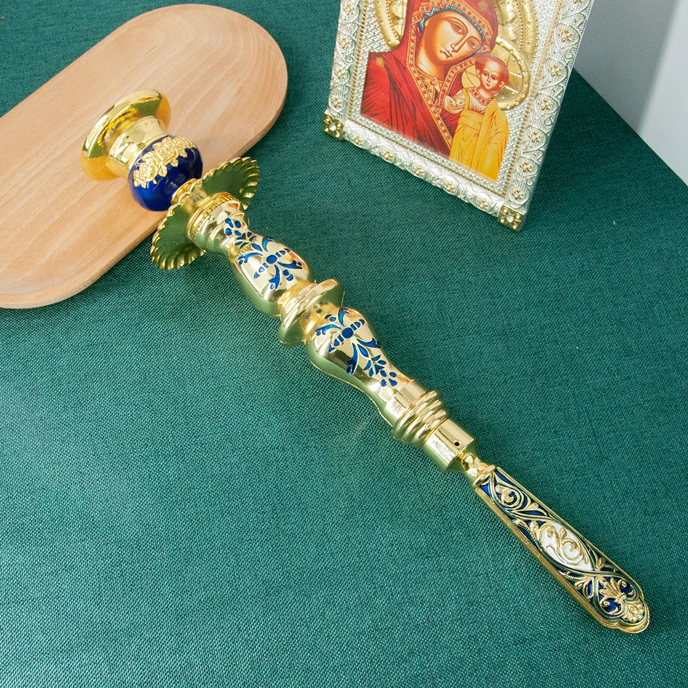 HTISOK Orthodoxer Handkerzenhalter, vergoldet, byzantinischer Stil, christlicher religiöser Ritual-Kerzenhalter für die Kirchenandacht – Detail 10