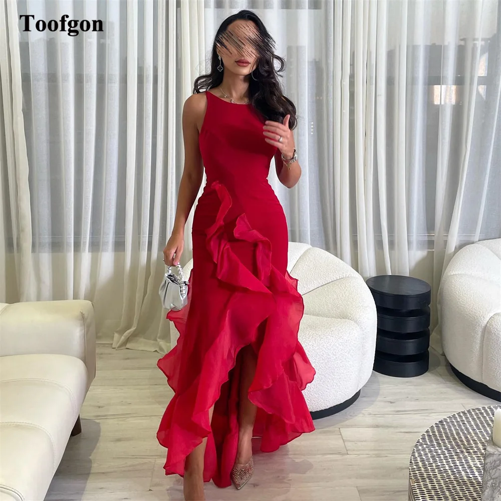 

Toofgon Red Mermaid Saudi Arabic Formal Party Gowns O-neck Sexy Backless Slit Dubai Prom Dress Evening Gowns Robe De Soirée