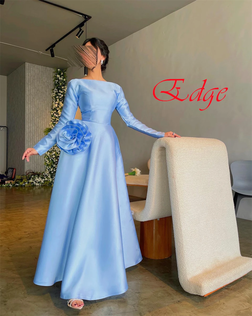 

Customized Temperament Light Blue Satin Evening Dress Elegant Crew Neck Long Sleeves Open Back Flowers Special Occasion Gowns