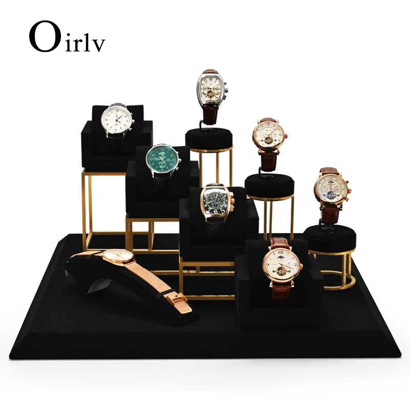 Oirlv Newly Black Metal Watch Display Props Set Watch Display Stands with Microfiber Jewelry Organizer Stands for Shop Cabinet