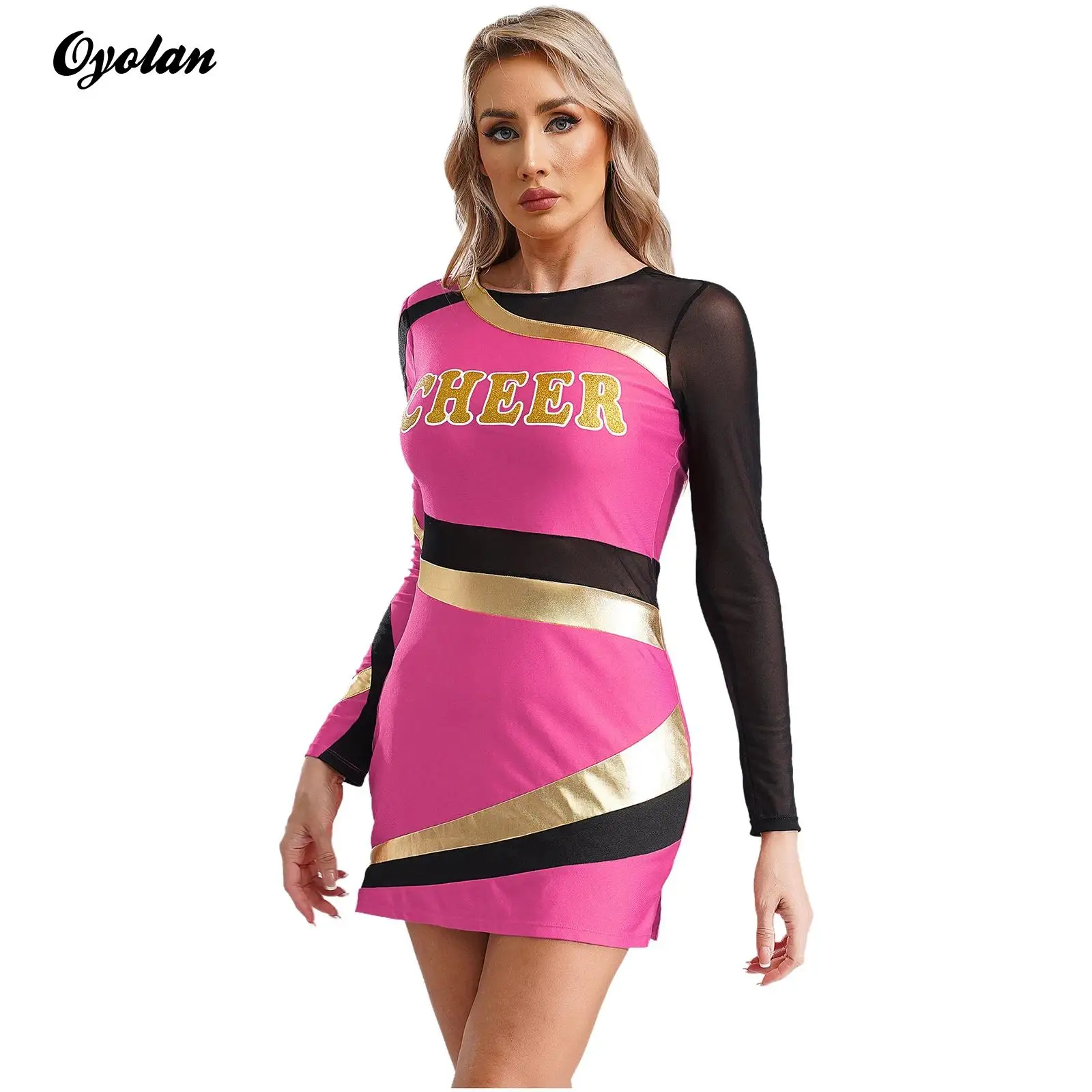 Damen Cheerleading Uniform Halloween Schulmädchen Cosplay Kostüm Langarm Druck Mesh Metallic Cheer Dance Bodycon Kleid