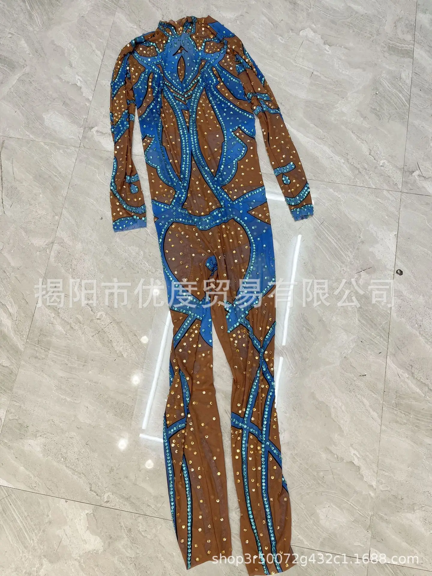 Sexy Nische Luxus Strass Mesh Slim Overall Sänger Nacht Empfang Leistung Blau Goldfisch Designer Luxus Abendkleider