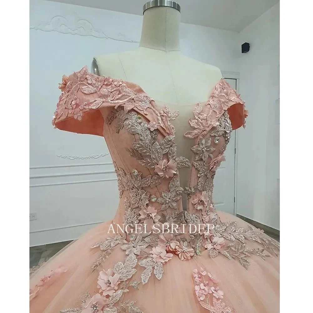 Exquisite Blush Pink 3D Floral Applique Sexy Deep V-Neck vestido de princesas Girls Brithday Prom Party Dress Ball Gown