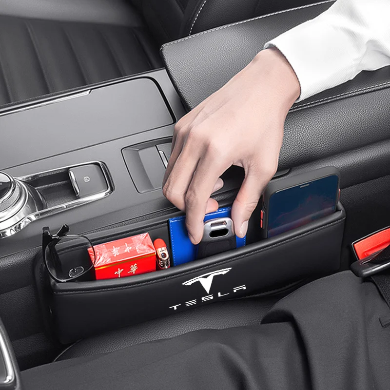 For Tesla Model 3 S X Model Y Logo Badge Car Seat Gap Organizer Console Crevice Filler Side Storage Box Interior Storage Pocket