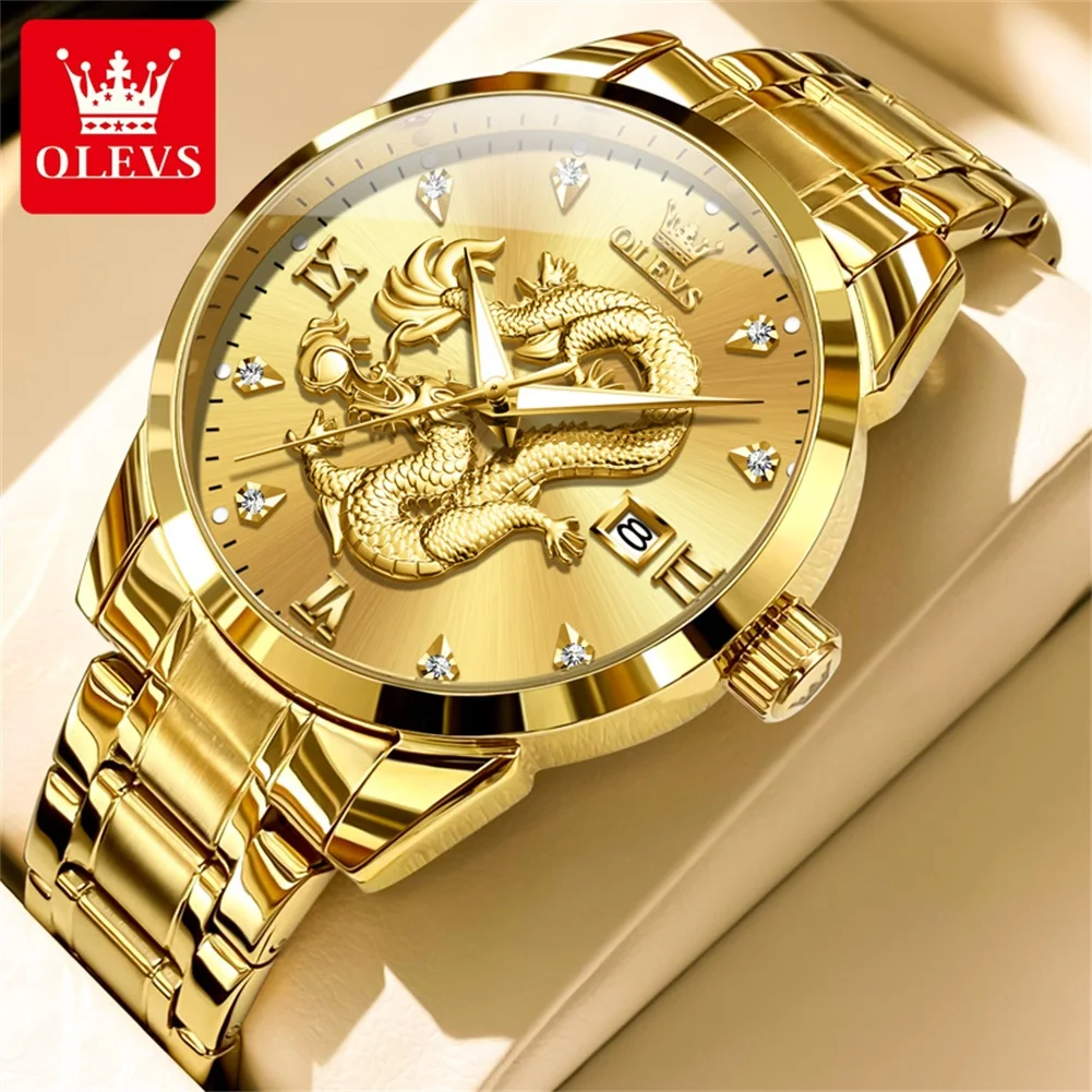 OLEVS 3619 Men Watch Luxury Golden Dragon Watch Stainless Steel Calendar Diamond Brand Men's Quartz Watch Fashion Original Watch