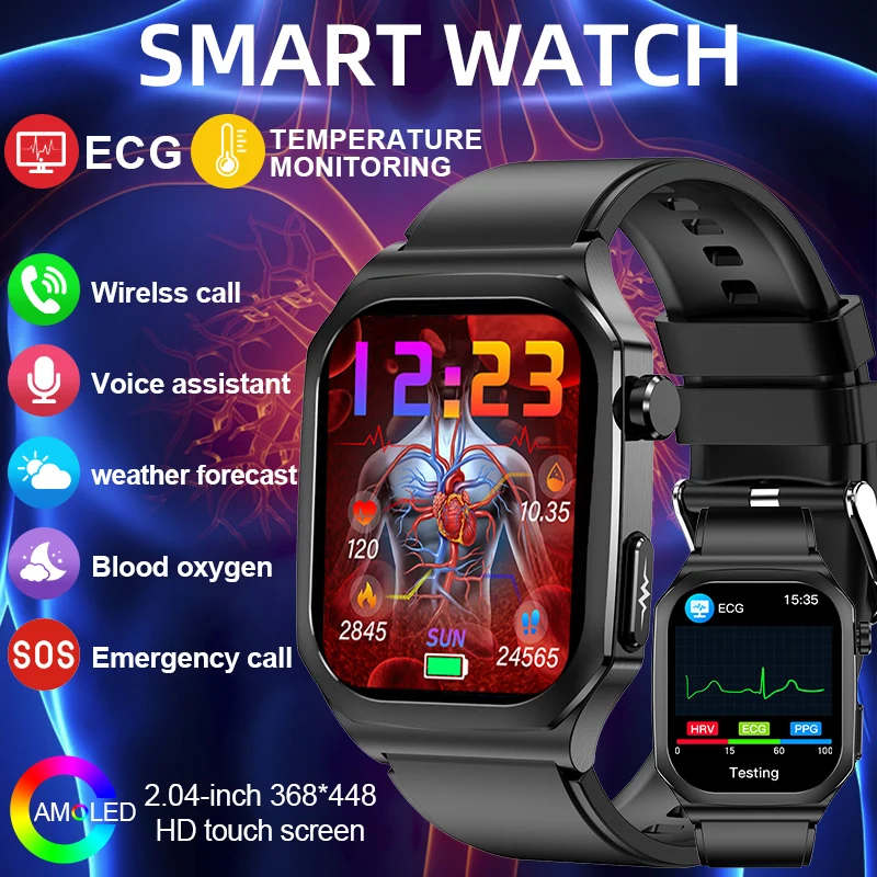 

LIGE ECG Smart Watch Men Women 2.04'' AMOLED Screen Blood Lipids Blood Oxygen Monitor Bluetooth Call Uric Acid Health Smartwatch