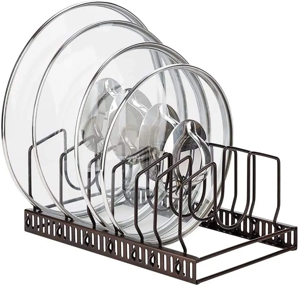 

Pot lid organizer rack with 7 adjustable compartments, fits cabinet or countertop, holds lids, pans, bakeware, space-saving