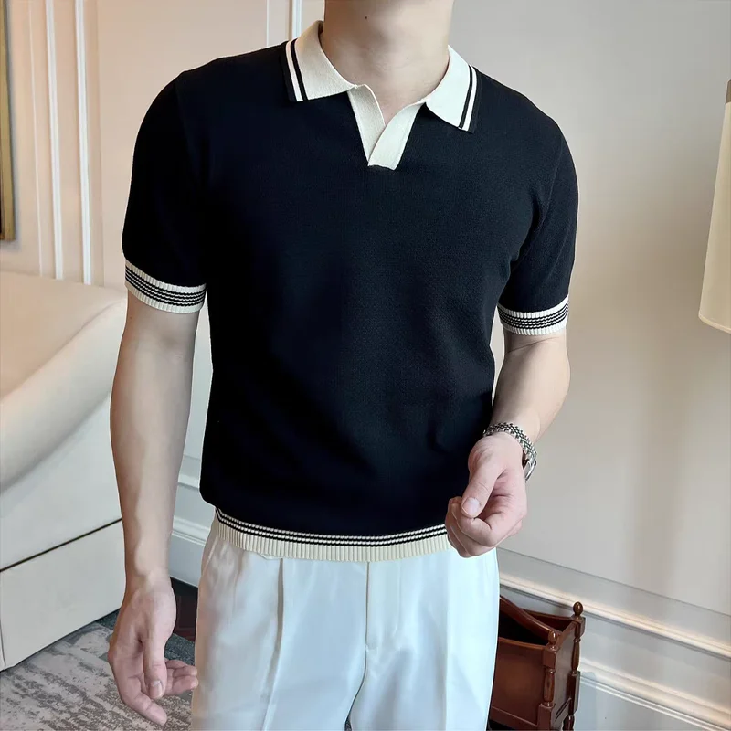 Light mature style men's simple knitted polo shirt, versatile in summer, business short sleeved cool feeling T-shirt