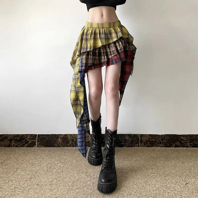 Autumn fashion trend; new style; cotton plaid patchwork asymmetrical hem; high-waisted skirt-pants; women's streetwear