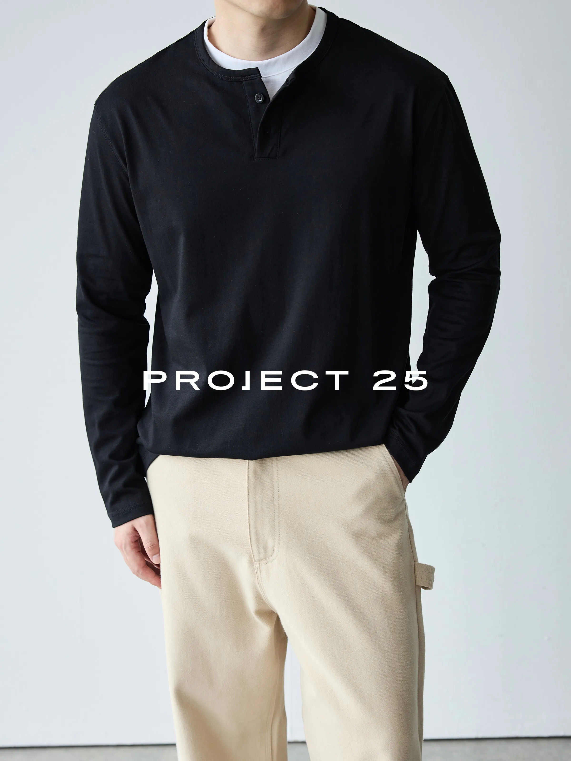 PROJECT 25 Men's Long-Staple Cotton Henley Faux Two-Piece Long-Sleeve Tee– Versatile Urban Commuter &
