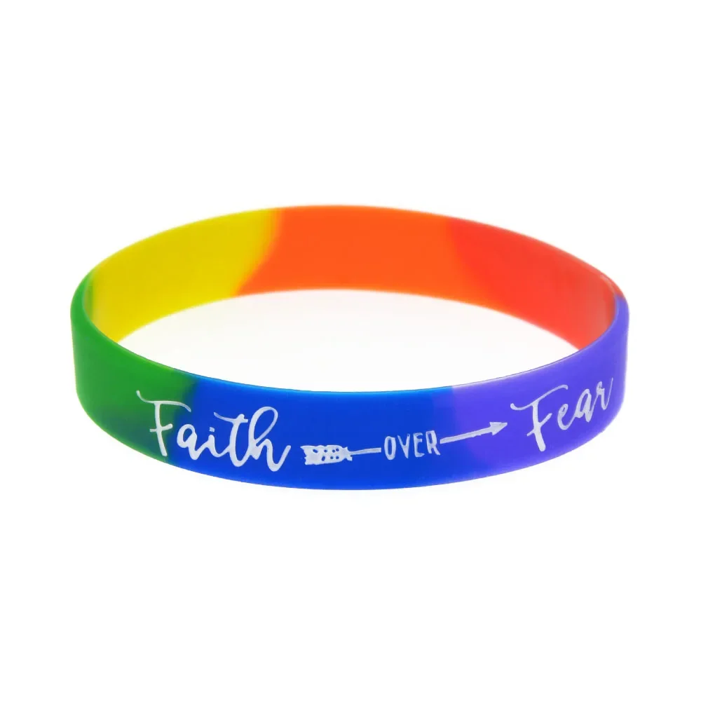 50 Pcs Faith Over Fear Silicone Rubber Wristband Rainbow Color Adult Size Bangle Unisex