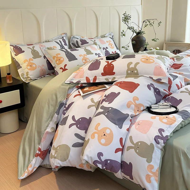 100% Cotton Bedding Set Brushed Marble Texture Duvet Cover Flowers Leaf Sheet Set Red Blue Sheet King Queen for Bedroom Decor