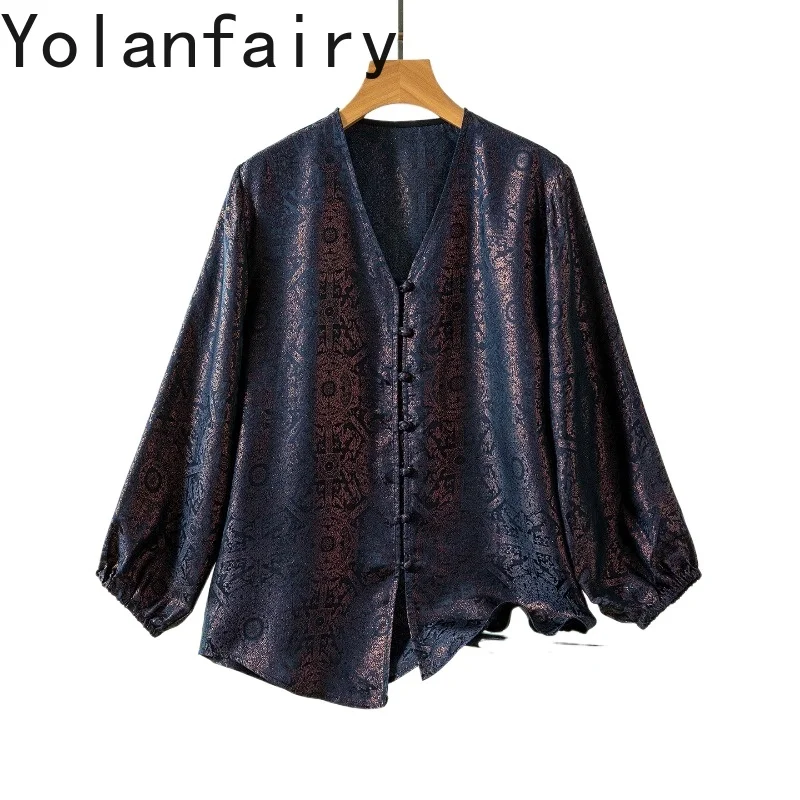 

YOLANFAIRY 100% Натуральные шелковые рубашки из тутового шелкопряда для женщин, коллекция 2026: Элегантные блузки с V-образным вырезом, модные топы и кардиганы высокого качества