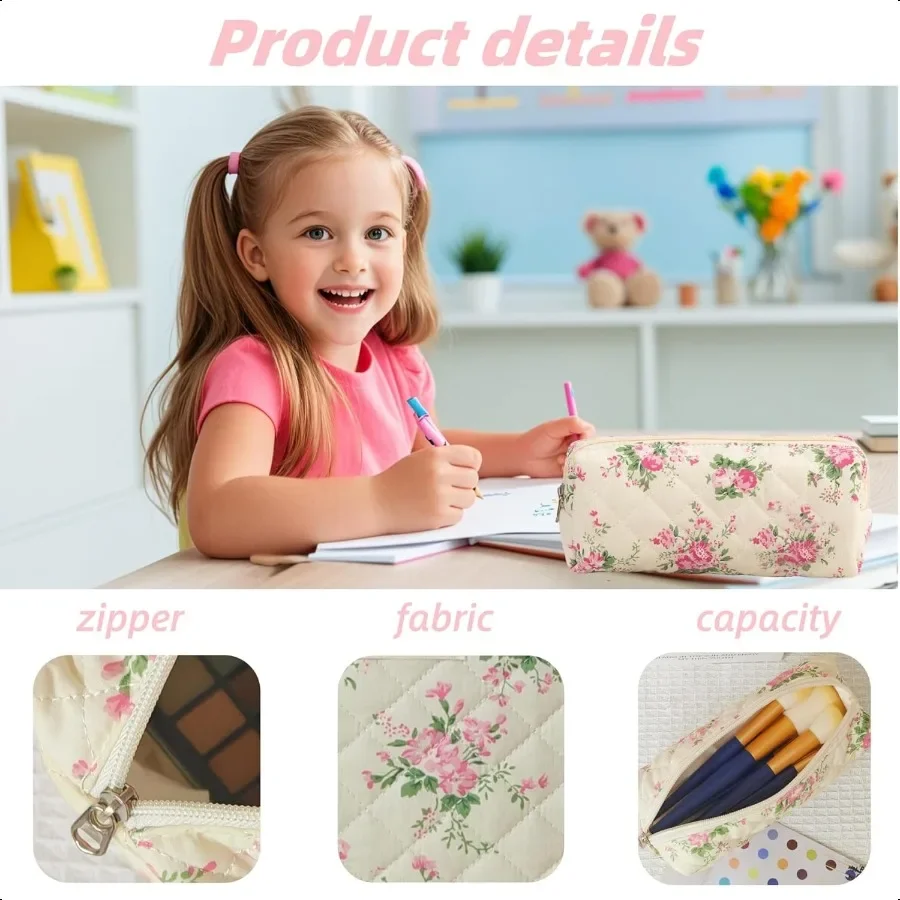 Estuche para lápices Estuche para lápices bonito para niñas Estuche para lápices estético con cremallera Estuches para bolígrafos Estuche para maquillaje con 2 flores rosas