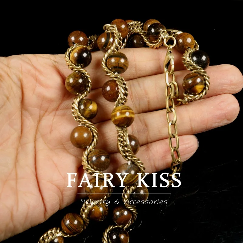 

Винтажное однорядное плетеное ожерелье из камня тигровый глаз, элегантное колье-чокер для свитера, украшение.