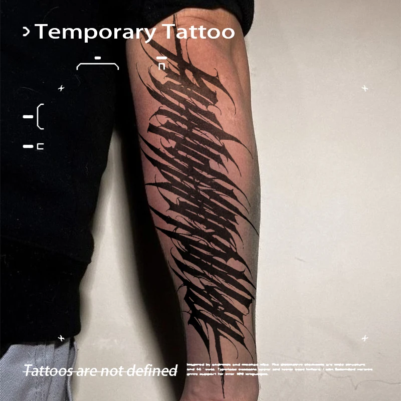 Edgy Black Gothic Script Temporary Tattoo Stickers Herbal Juice Waterproof Realistic Lettering Body Art for Forearm Body Decal
