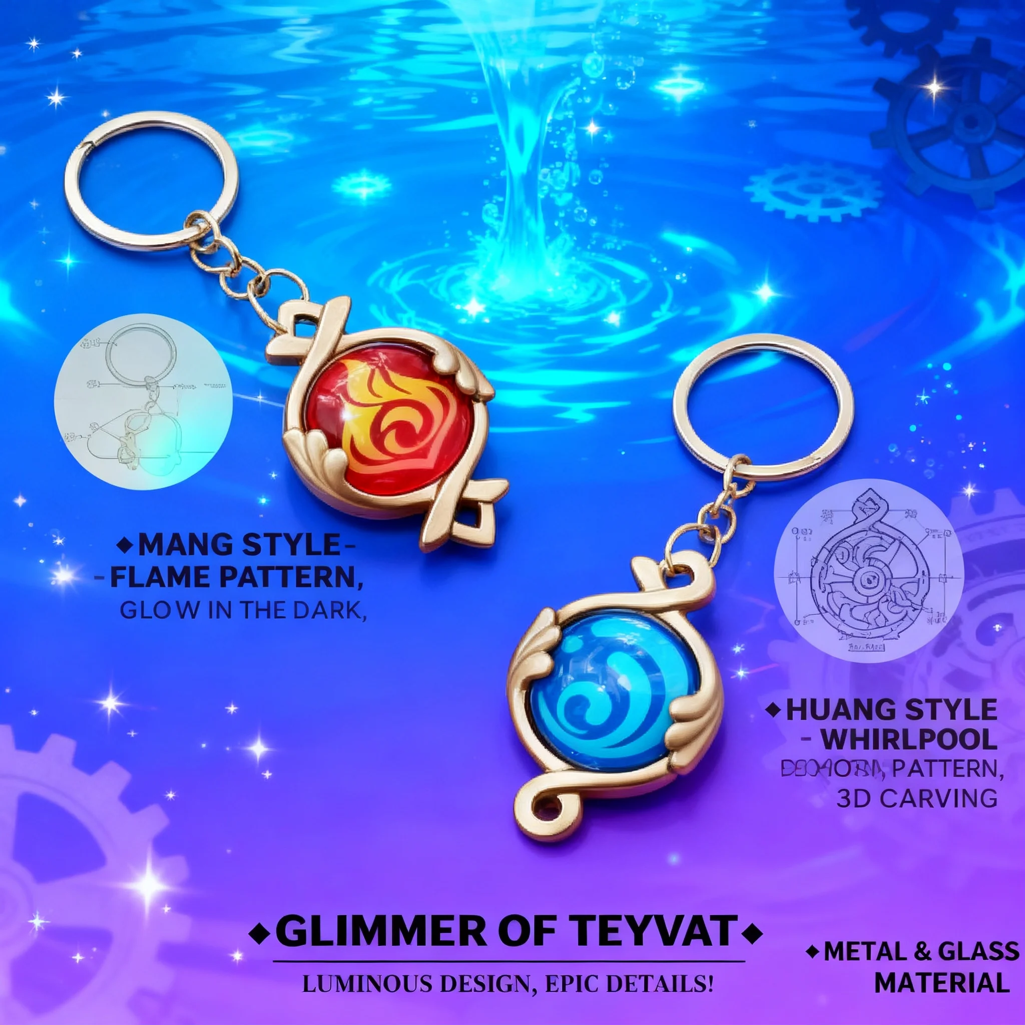 

Genshin Impact Vision Keychain Metal Glow in the Dark Backpack Accessory Fontaine Pendant Cosplay Prop Anime Merchandise Gift