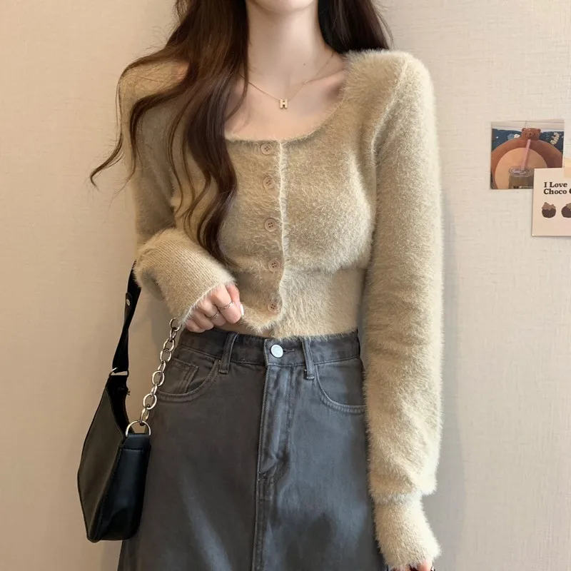 Fuzzy Knit Crop Top Cardigan for Women Teen Girl Long Sleeve Button Up Fitted Sweater Soft Plush Knitwear Fall Winter Y2K Outfit