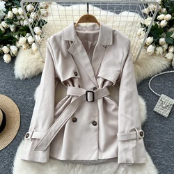 Vintage Notched Neck Chic Double Breasted Long Sleeve Slim Sashes Top Korean Fashion Women Streetwear High Street Autumn Trench