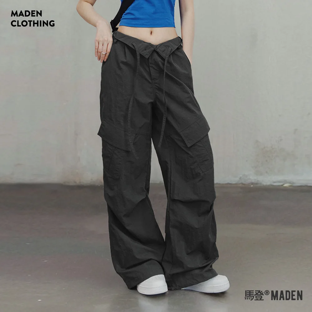 Maden Women Drawstring Cargo Pants Mid Waist Retro Girls Straight Trousers Female Casual Versatile Wide Leg Pants Dark Gray