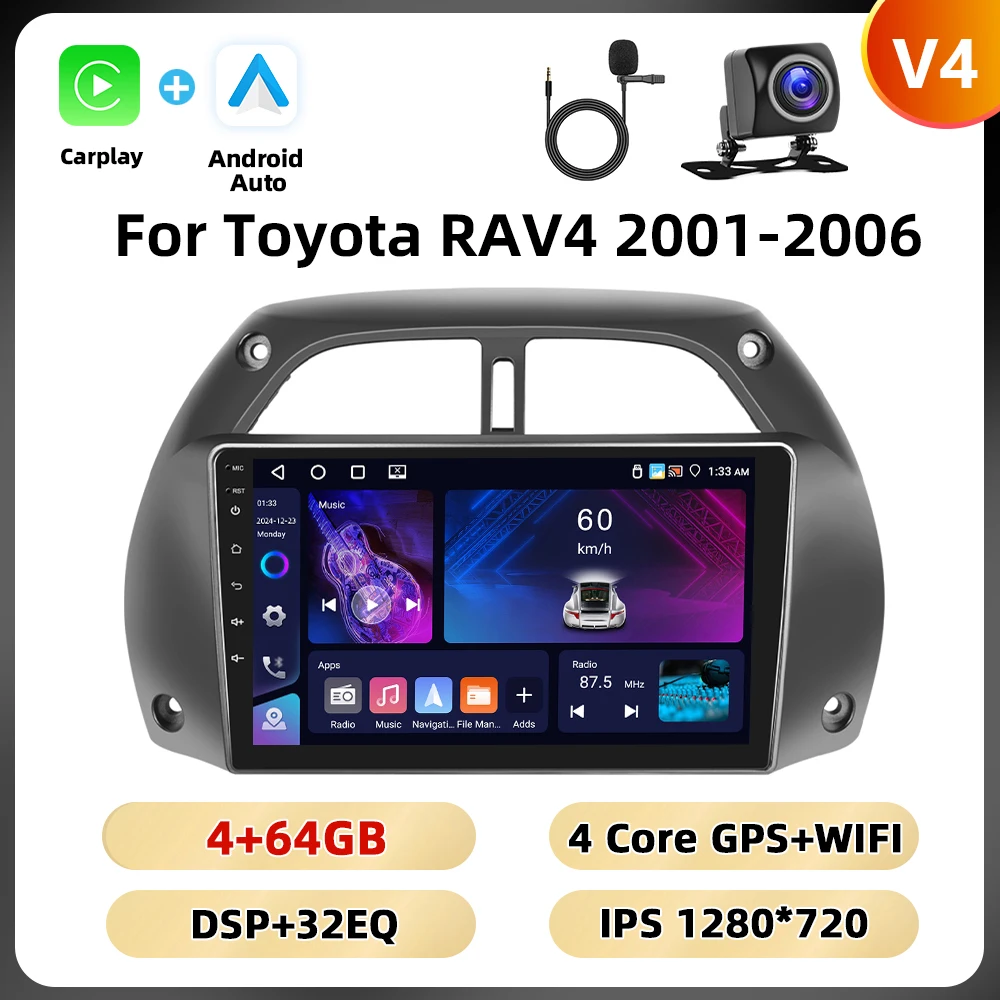 Podofo 8Core 2Din Autoradio Voor Toyota RAV4 2001-2006 Multimedia Speler WIFI 4G AI Voice BT Carplay Android Autoradio RDS