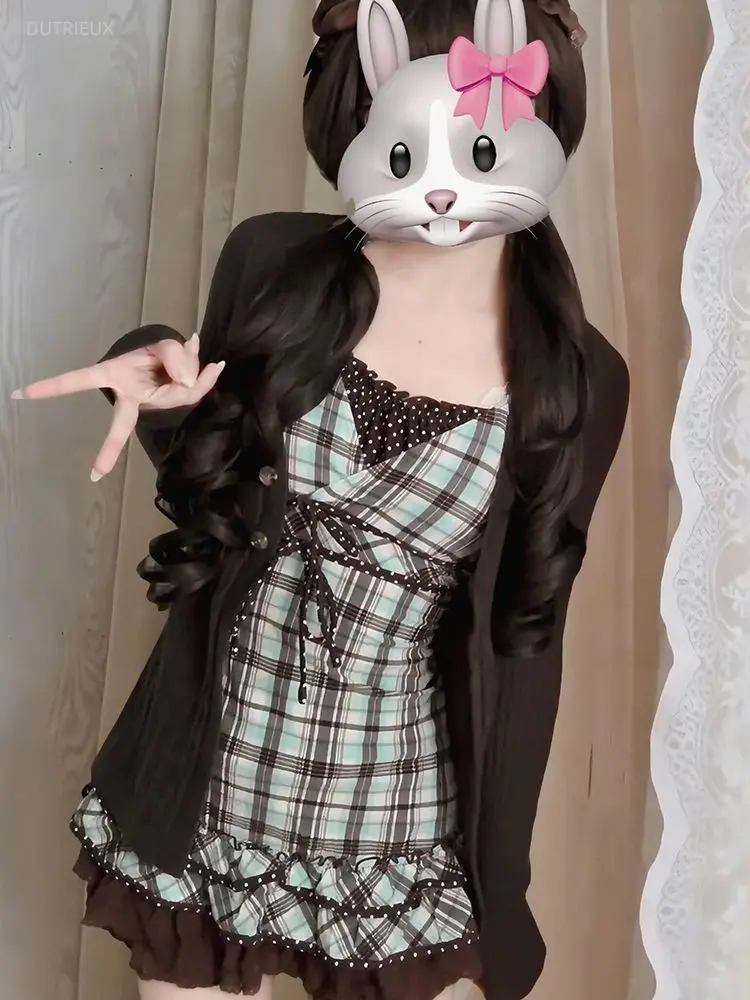 Japanese Vintage Hot Girl Strapless Sleeveless Plaid Top Harajuku Waist Cinched Short Skirt Summer Niche Design 2-piece Set