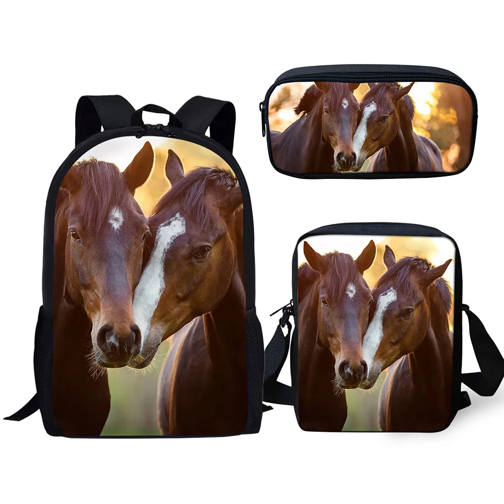 Classic Popular Novelty Horse 3D Print 3pcs/Set pupil School Bags Laptop Daypack Backpack Inclined shoulder bag Pencil Case