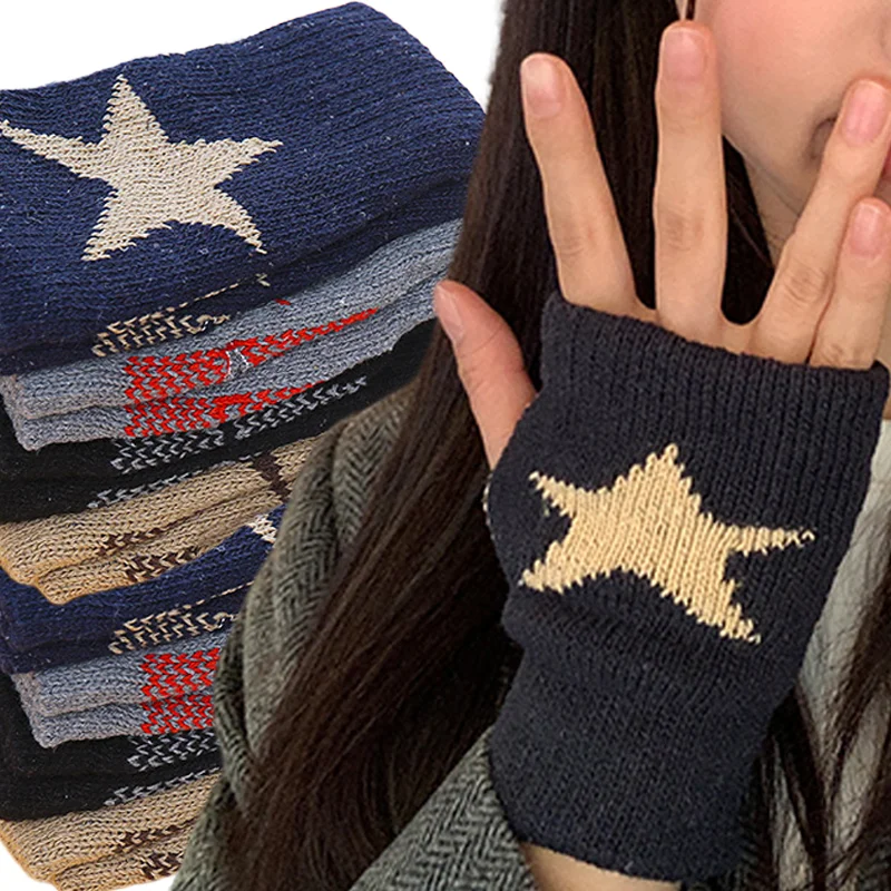 Knitted Woolen Gloves Autumn Winter Y2K Men's Women's Ins Fashion Half Finger Warm Five Pointed Star Fingerless Gloves Unisex