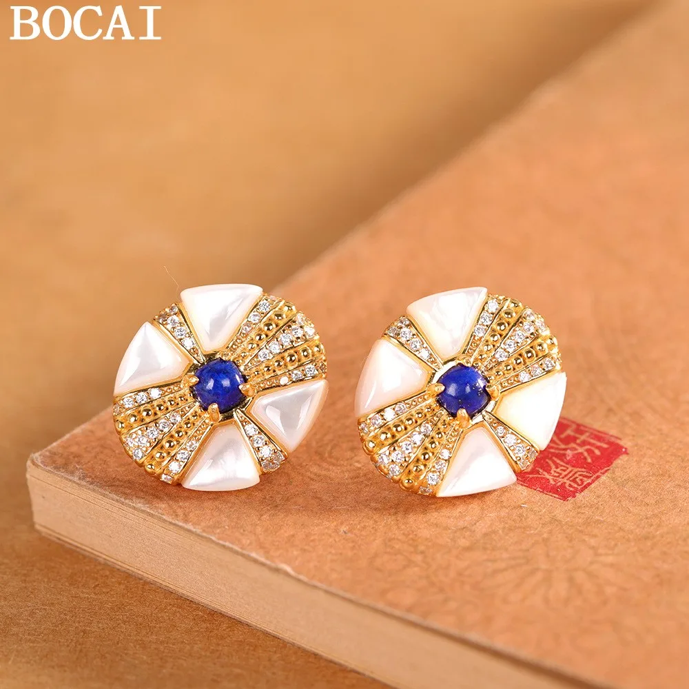 

BOCAI NEW S925 Silver Fashion Light Luxury Inlaid With Lapis Lazuli Shells Earrings Women's Gifts