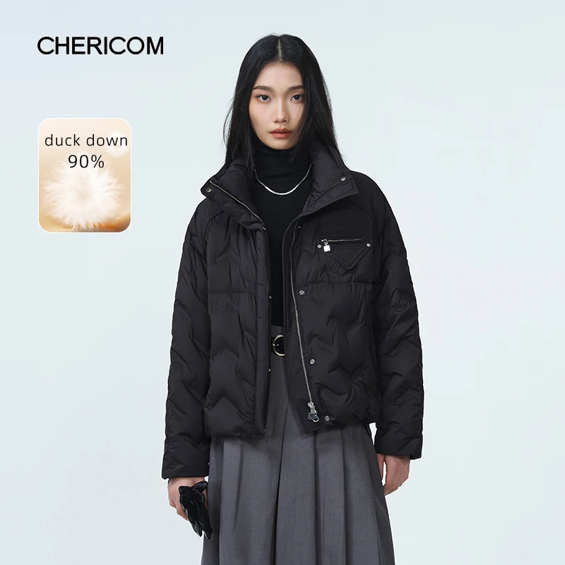 Chericom Chaqueta corta de plumón para mujer, chaquetas de plumón a prueba de viento con cremallera y cuello levantado, ropa femenina de moda con cordón 2025 Y309052Y