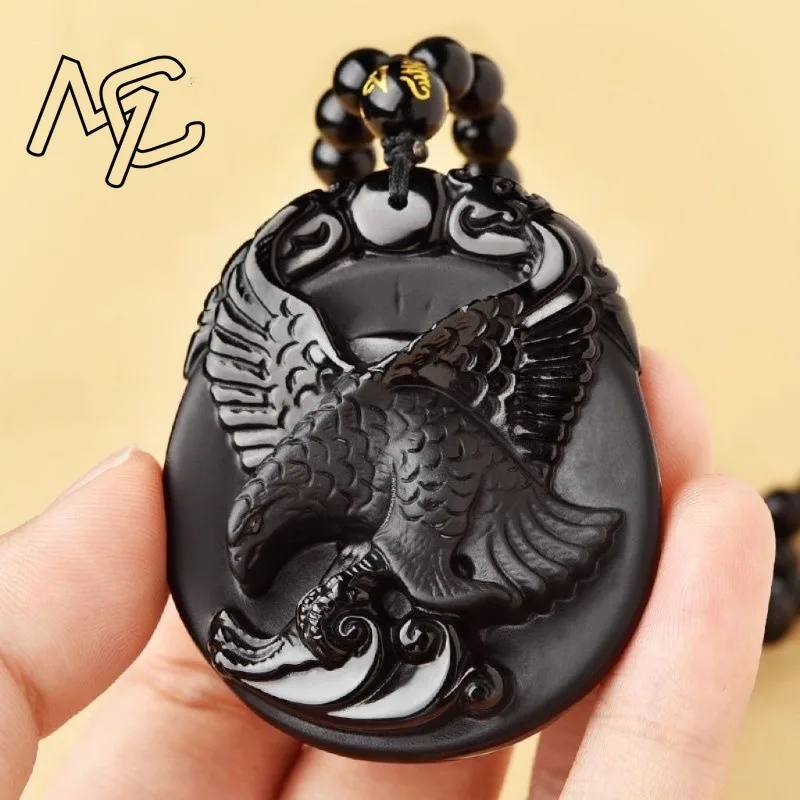 

Natural Black Obsidian Eagle Pendant Beads Necklace Fashion Charm Jewellery Hand-Carved Lucky Amulet Gifts Her Women Men