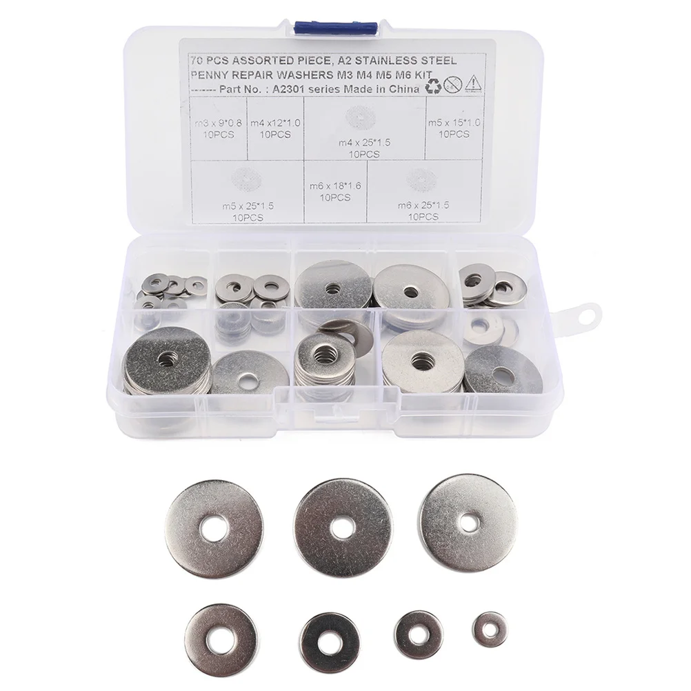 

70pcs Stainless Steel Washers M5 Flat Gasket Repair Kit For Machinery Equipment Outdoor Use Plain Washer Hardware Fittings