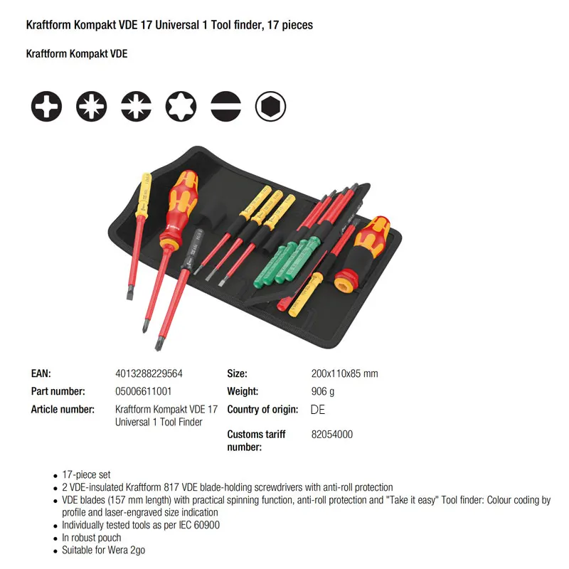 WERA 05006611001 Screwdriver Set Kraftform Kompakt VDE 17 Universal 1 Tool Finder 17 Pieces Easy Operation and Long Service Life