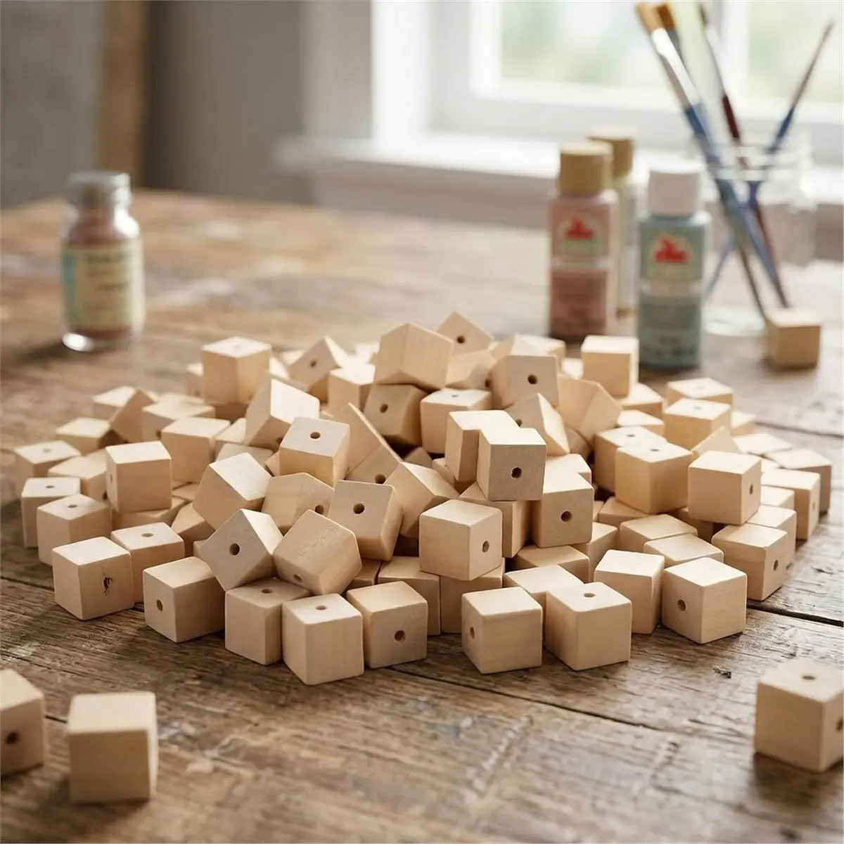 2026 New Tool 200 PCS 1Inch Wood Cubes with Holes, Wooden Square Beads Unfinished Solid Wood Blocks for Craft, DIY Projects