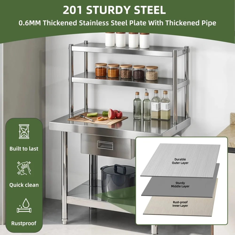 NSF Stainless Steel Table with Adjustable Height, Storage Rack, Towel Hanging Bar, Overshelves, Drawer