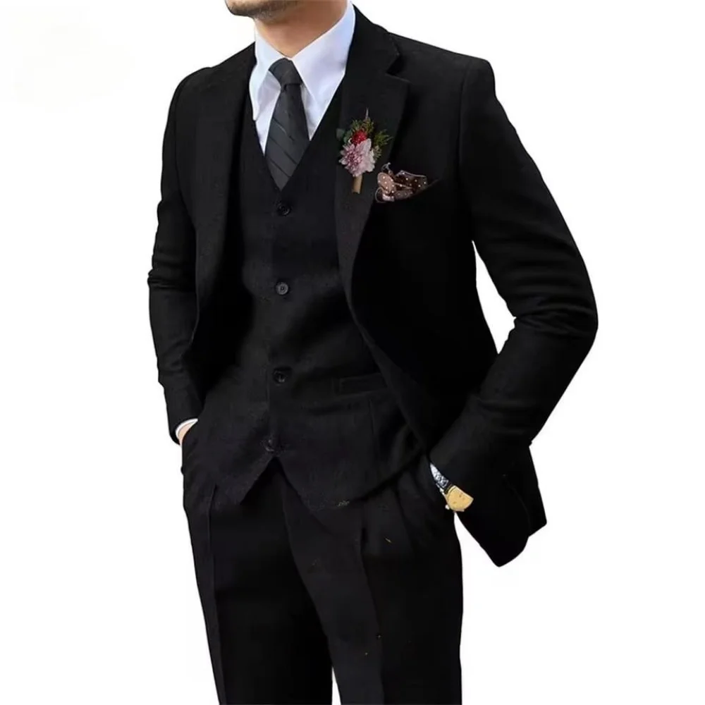 Męski smoking ślubny w kolorze brązowym tweedowym, 3-częściowy garnitur smokingowy z wzorem rybiej ości, z klapami w szpic, biznesowy tweedowy, dopasowany krój.